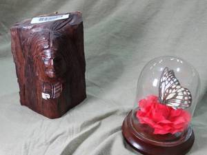 lot 33663 image: 6 Tall Native Iron Wood Carving and Butterfly Display