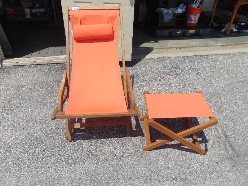 lot 7094 image: Outdoor Interiors Hardwoods Lounger Ottoman & pillow, Melon color
