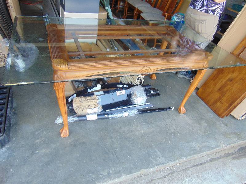 lot 7202 image: nice glass top table and 6 wooden chairs