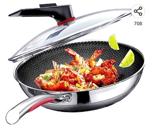 lot 55946 image: Megoo Stainless Steel Nonstick Wok Pan with Lid, 12.6 inch