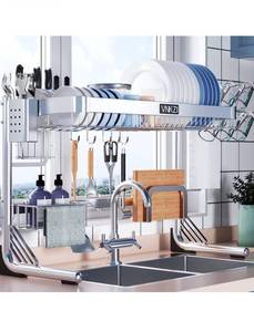 lot 55965 image: Retail $69.77, VNKZI Over Sink Dish Drying Rack, 2 Tier Full Stainless Steel Storage Adjustable Length (25.9836.61)