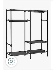 lot 55975 image: SONGMICS Garment Rack Heavy Duty Clothes Rack, 65 Inch Freestanding Portable Wardrobe Closet with Hanging Rails and Shelves, Total Load 242 lb, Easy Assembly, for Cloakroom, Bedroom, Black, Model URDR201B02