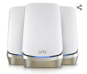 lot 55977 image: NETGEAR Orbi Quad-Band WiFi 6E Mesh System (RBKE963), Router with 2 Satellite Extenders, 10.8Gbps Speed, Coverage up to 9,000 sq. ft., 200 Devices, 10 Gig Internet Port, AXE11000 802.11 Axe