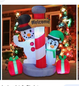lot 55995 image: JoieDomie 6 FT Tall Inflatable Christmas Welcome Sign with A Penguin and Snowman