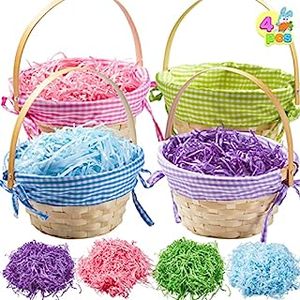 lot 56002 image: JOYIN 4 Pcs Easter Gift Woven Bamboo Basket with Handles and 4 Colors Easter Grass Paper Shreds