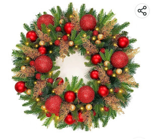 lot 56045 image: 30 Inch Super Large Thick Prelit Christmas Wreath Decoration for Front Door Realistic Feel Timer 80 Lights 47 Balls Ornaments 30 Cypress Leaves Battery Operate Xmas Decorations Indoor Outdoor Wall