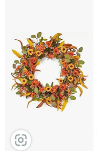 lot 56075 image: Artificial Fall Floral Wreath 20 Inch Orange Daisy Wreath Fall Harvest Wreath for Front Door Autumn Wildflowers Wreath Wall Window Decor Thanksgiving & Halloween Festival Decor