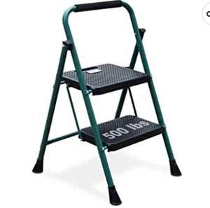 lot 56093 image: HBTower 2 Step Ladder, Folding Step Stool with Wide Anti-Slip Pedal, Sturdy Steel Ladder, Convenient Handgrip, Lightweight 500lbs Portable Steel Step Stool, Green and Black