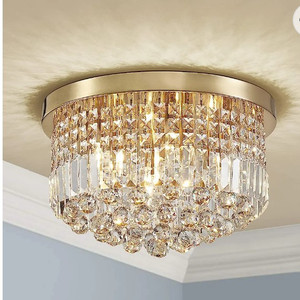 lot 56126 image: Saint Mossi Modern K9 Crystal Raindrop Chandelier Lighting, Flush Mount Ceiling Light, Perfect for Dining Room Bathroom Bedroom Livingroom, 9 x E12 Bulbs, H11 x D20, Clear Crystal & Brass Canopy