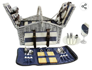 lot 56134 image: HappyPicnic Huntsman Willow Picnic Hamper for 4 Persons with Built-in Insulated Cooler, Wicker Picnic Basket with Canvas Stripe Lining, Willow Picnic Set, Picnic Gift Basket (Navy Stripe)