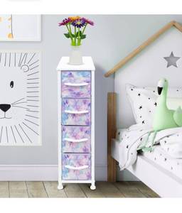 lot 56168 image: Sorbus Narrow Dresser Tower w4 - Drawers Vertical Storage Fabric Chest Unit Tie-dye BluePink in White, (Dented, Corner of Top Piece)