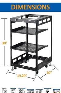 lot 56171 image: Tedgetal 15U Open Frame Rack for Servers & AV Gear - Wall Mountable Design Includes 2X Vented Shelves, 4X Leveling Feet, 4X Casters