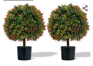 lot 56196 image: Artificial Plants - Set of 2 Topiary Trees 24 High Pre-Potted Boxwood Trees - Artificial Plants for Front Porch Home Office Decor - Topiary Ball for Indoor Outdoor