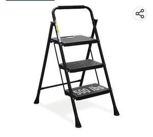 lot 56197 image: HBTower 3 Step Ladder, Folding Step Stool with Wide Anti-Slip Pedal, 500lbs Sturdy Steel Ladder, Convenient Handgrip, Lightweight, Portable Steel Step Stool, Black