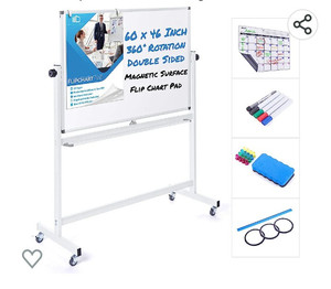 lot 56204 image: Mobile Whiteboard 48 X 36 Inch Double Sided Magnetic Dry Erase Board Large Rolling Stand Portable Easel Frame On Wheels Office Home Classroom 5 Markers, Calendar, Flip Chart, Eraser, 16 Magnets, Ruler