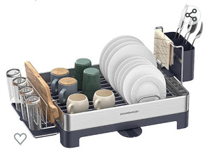 lot 56238 image: SONGMICS Dish Drying Rack, Stainless Steel Dish Rack with Rotatable Spout, Drainboard, Fingerprint-Resistant Dish Drainers for Kitchen Counter, 12.5 x 22.5 in, Silver and Gray UKCS030E01