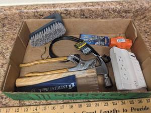 lot 267 image: Hammer  Channel Locks  Hooks  Scrub Brush  Surge Protector