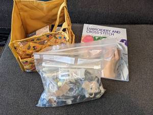 lot 294 image: Cross Stitch Kits  Large Amount Of Buttons  Thread  Sewing Bag
