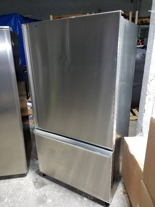 lot 2509 image: 35.5 W Stainless Steel Bottom Mount Amana Refrigerator