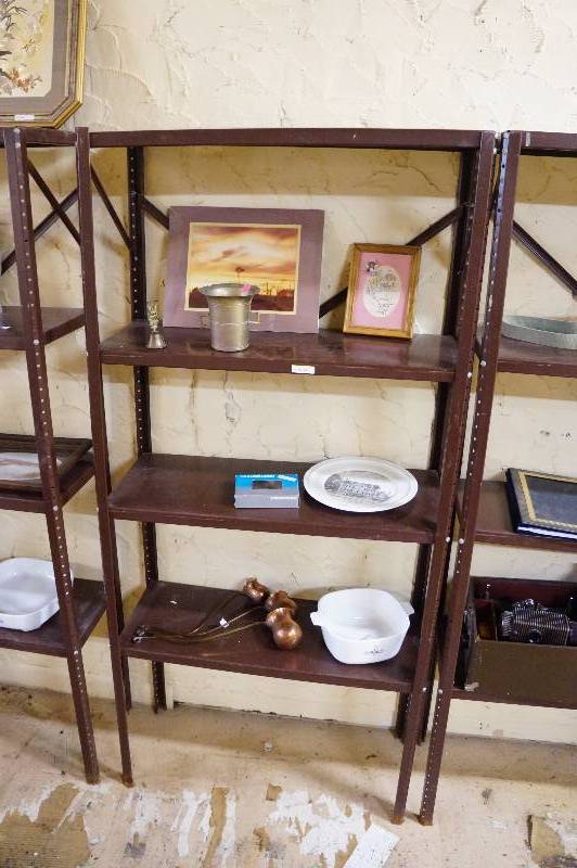 lot 16 image: Brown metal shelf 5.5 & contents, 3 brass scoops & misc.