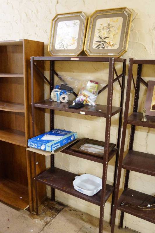 lot 17 image: Brown metal shelf 5.5 & contents, lin art, misc office supplies.