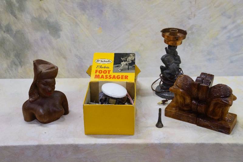 lot 31 image: Exotic wood carvings, silver trumpet mouthpiece & misc items.