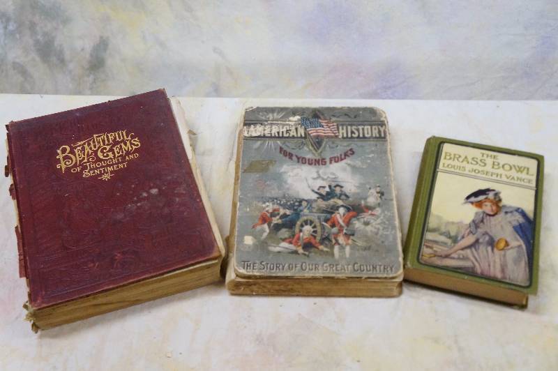 lot 34 image: Lot of three books 2 are missing backs antique.