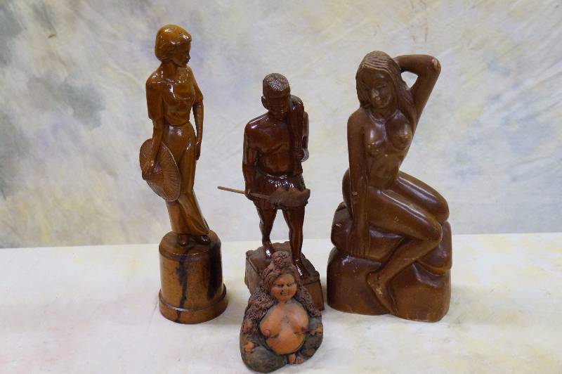 lot 42 image: Exotic wood carving & a ceramic lady.