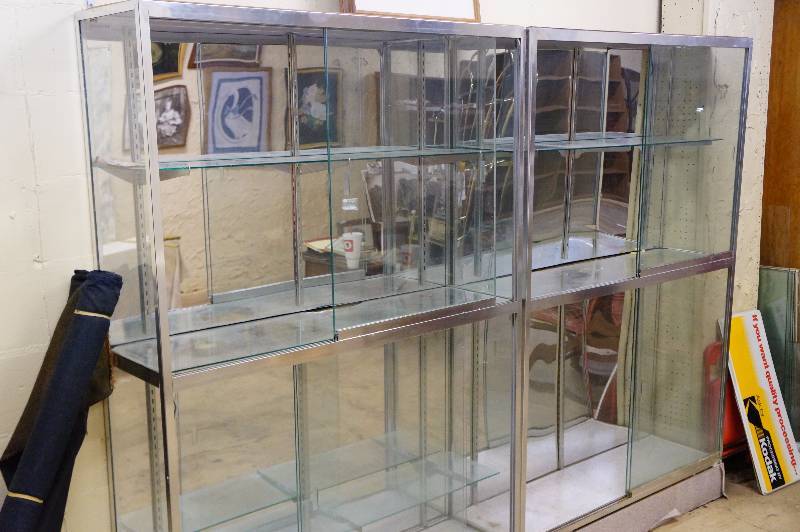 lot 49 image: 6 by 4 glass cabinet x2 jahabow display glass sliding doors - some damage.