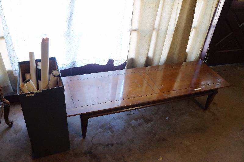 lot 76 image: Coffee table wooden a little over 5 long , vintage posters some are girly.
