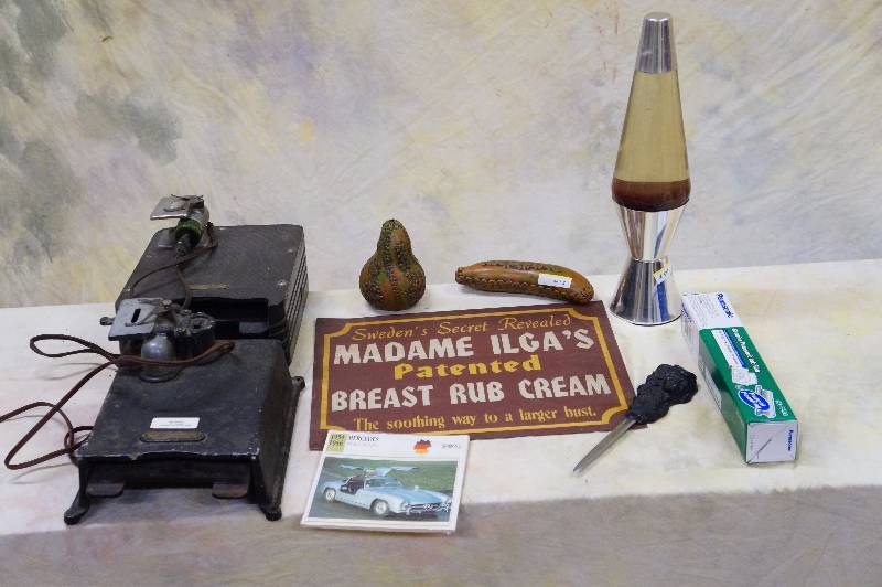 lot 85 image: Breast rub cream metal sign, mercedes car cards 1954 - 1956, misc stuff.