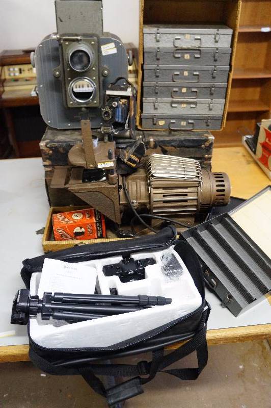 lot 95 image: Lot of misc photographic equipment & slide boxes that can be used as coin holders.