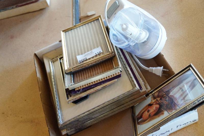 lot 116 image: Misc metal picture frames & food processor.