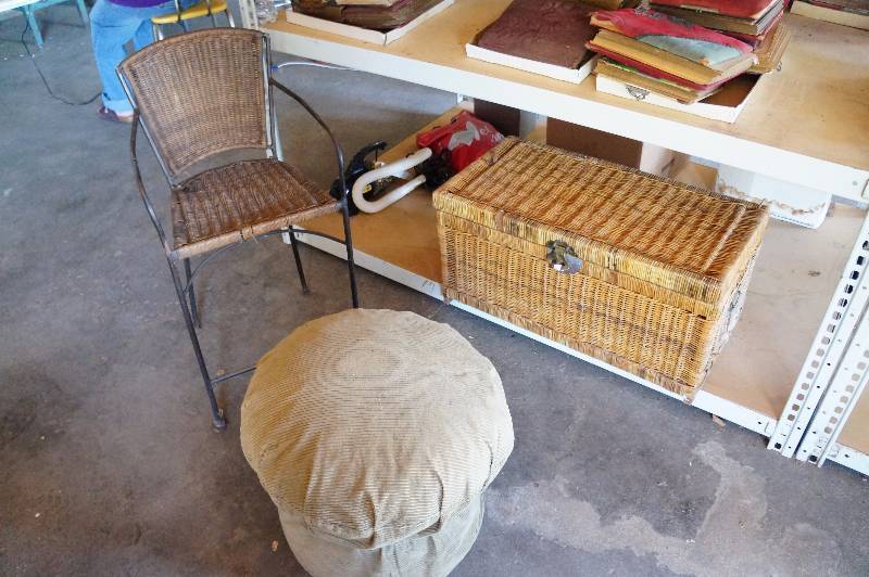 lot 119 image: Footstool, wicker trunk, & wicker stool.