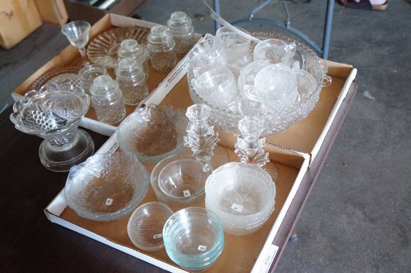 lot 123 image: 3 Flats of clear glass, punch bowl & cups.