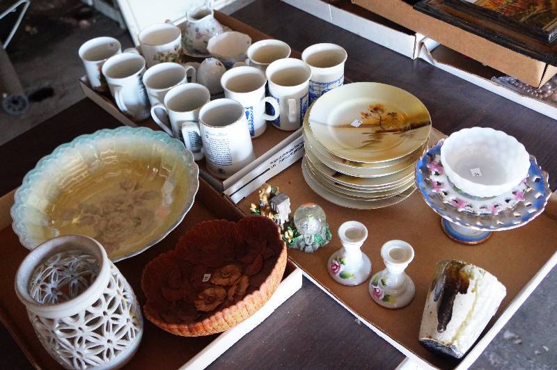 lot 125 image: 3 Flats, norman rockwell & English mugs, plates. milk glass & misc.