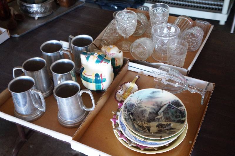 lot 127 image: 3 Flats, pressed glass, plates, mugs, & misc.