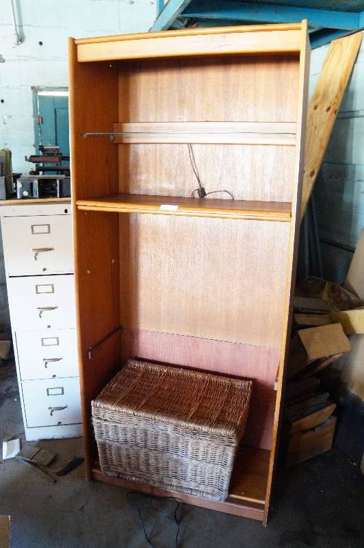 lot 141 image: 6.5 wood & glass lit shelf wwicker trunk.