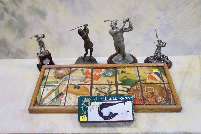 lot 199 image: Golf decor - fort pewter & brass sculptures - tile wall art & monogrammer.