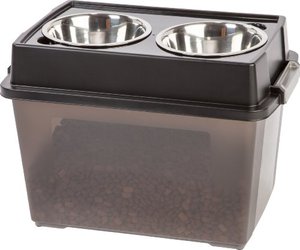 lot 3073 image: IRIS USA 47Lb  45QT Large Elevated Feeder with WeatherPro Airtight Pet Food Storage Container, Dry Food Bin with Removable Stainless Steel Bowls Large Dog At Home Camping Roadtrip , Smoke