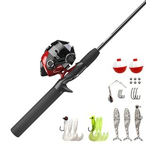 lot 3086 image: Zebco 202 Spincast Reel and Fishing Rod Combo, 5-Foot 6-Inch 2-Piece Fishing Pole, Size 30 Reel, Right-Hand Retrieve, Pre-Spooled with 10-Pound Cajun Line, Includes 27-Piece Tackle Kit, BlackRed