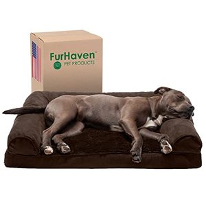lot 3099 image: Furhaven Orthopedic Dog Bed for LargeMedium Dogs w Removable Bolsters & Washable Cover, For Dogs Up to 55 lbs - Plush & Suede Sofa - Espresso, Large