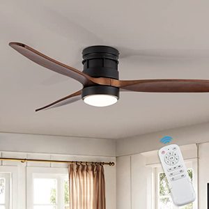 lot 3114 image: EKIZNSN 52 Inch Modern Outdoor Flush Mount Ceiling Fan with Lights Remote Control, Low Profile Wood Ceiling Fan with 3 Blades for BedroomLiving Room, Matte Black
