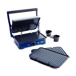 lot 3233 image: Blue Diamond Ceramic Nonstick, Electric Contact Sizzle Griddle, Open Flat Design, Dishwasher Safe Removable Plates, Adjustable Temperature Control, PFAS-Free, Blue
