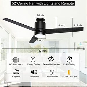 lot 3159 image: Ceiling Fans with Lights Flush Mount, 52 Inch Modern Black Ceiling Fan with Light and Remote Control - 3 Wood Blades LED Ceiling Fan Low Profile Ceiling Fan Light, 6 Speeds, Noiseless and Timing