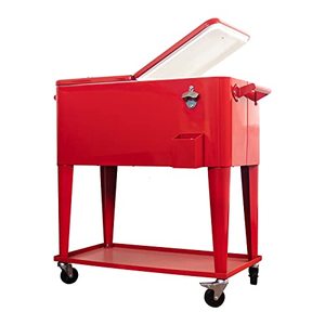 lot 3171 image: SHAREWIN 80 Qt Patio Cooler Cart Ice Chest with Wheels for Patio Pool Party, Rolling Cooler with Shelf, Bottle Opener, Water Pipe and Cover (Red)