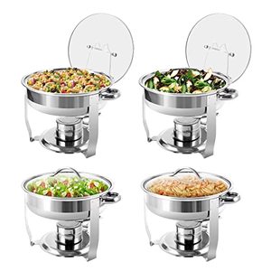lot 3176 image: BriSunshine 4 Packs 3 QT Round Chafing Dish Buffet Set, Stainless Steel Chafing Dishes with Glass Lid & Holder, Food Warmer for Parties Weddings Banquets Events