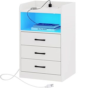 lot 3177 image: SUPERARE Nightstand with Charging Station and LED Light Strips, Night Stand with Drawers, Bed Side Table, End Table with USB Ports and Outlets, Bedside Table, for Bedroom, Living Room, White