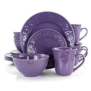 lot 3195 image: Elama Embossed Stoneware Elegant Round Dinnerware Dish Set, 16 Piece Set, Lilac Purple
