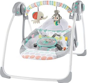 lot 3228 image: Bright Starts Portable Automatic 6-Speed Baby Swing with Adaptable Speed, Taggies, Music, Removable -Toy Bar, 0-9 Months 6-20 lbs (Whimsical Wild)